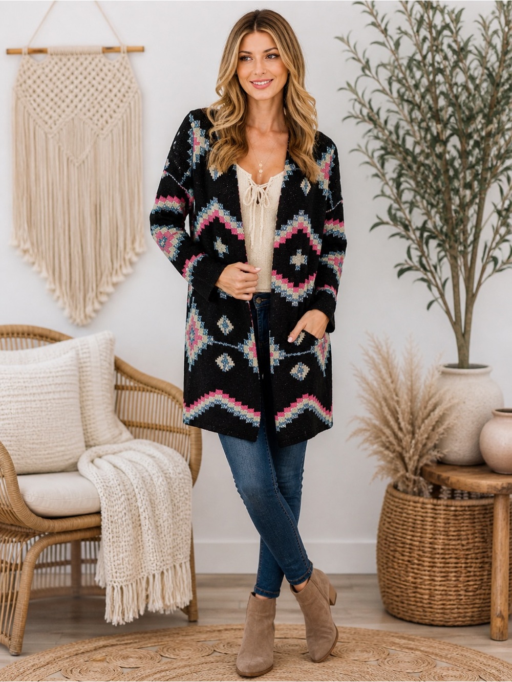 Aztec Boho Lurex Cardigan Black Open Front Long Tribal Sweater Medium